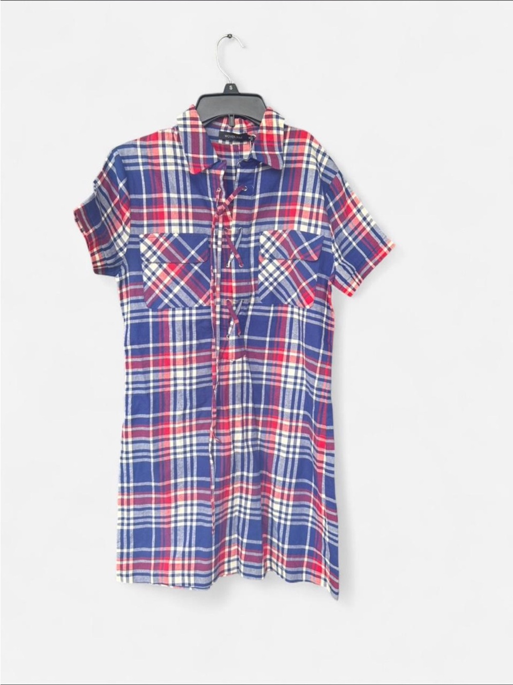 Plaid Shirt Dress with Tie Front - Blue & Red
